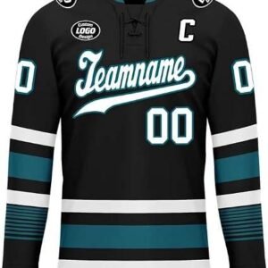 Custom Men’s Ice Hockey Uniform – Black & Teal Sublimated Team Jersey