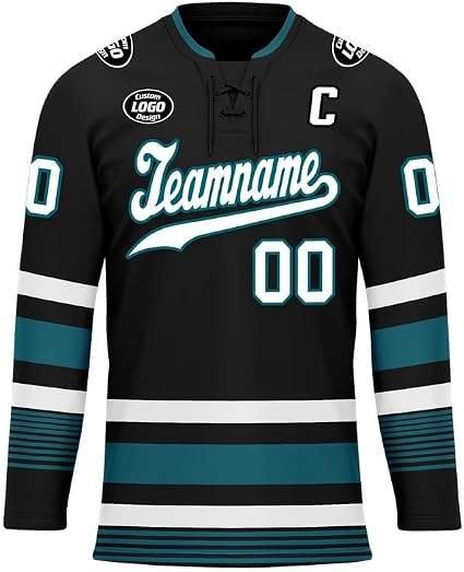 Custom Men’s Ice Hockey Uniform – Black & Teal Sublimated Team Jersey