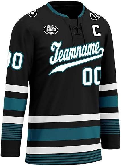 Custom Men’s Ice Hockey Uniform – Black & Teal Sublimated Team Jersey