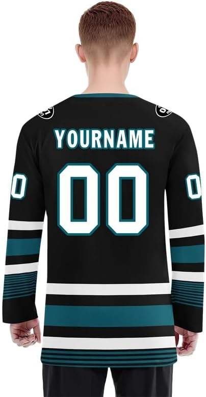 Custom Men’s Ice Hockey Uniform – Black & Teal Sublimated Team Jersey