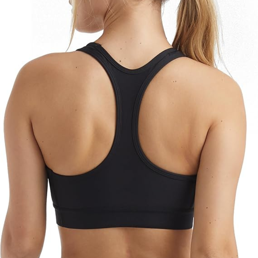 Women's Black Racerback Sports Bra Scoop Neck Medium Support Breathable Seamless Yoga Top Solid Color Front Logo 300g