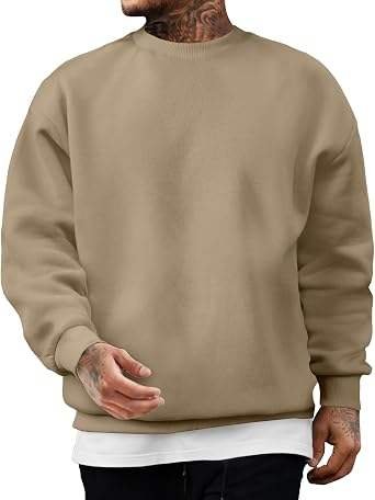 Custom Logo Men's Beige Fleece Lined Pullover Sweatshirt Regular Fit 100% Cotton Casual Solid Winter Wear