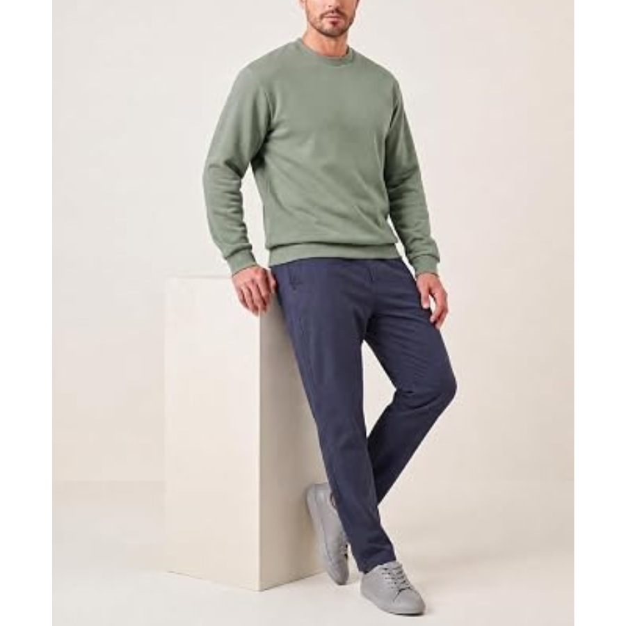 Mens Fleece Lined Crewneck Pullover Sweatshirt Winter Solid Color Casual Knitted Regular Fit Autumn Style