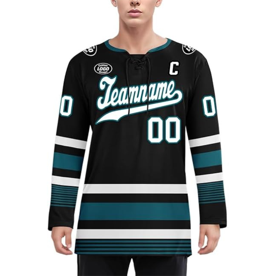 Custom Men’s Ice Hockey Uniform – Black & Teal Sublimated Team Jersey