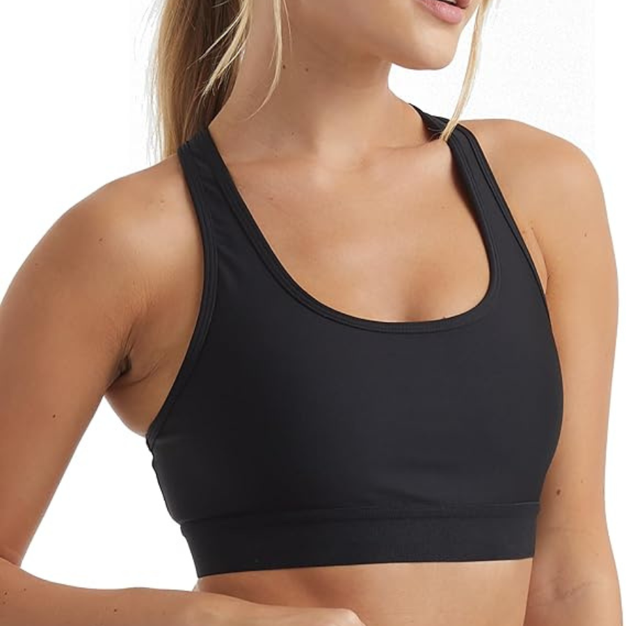 Women's Black Racerback Sports Bra Scoop Neck Medium Support Breathable Seamless Yoga Top Solid Color Front Logo 300g