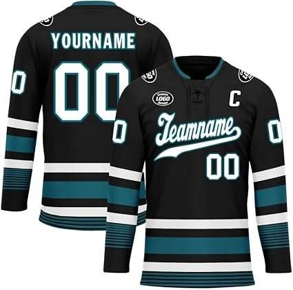 Custom Men’s Ice Hockey Uniform – Black & Teal Sublimated Team Jersey