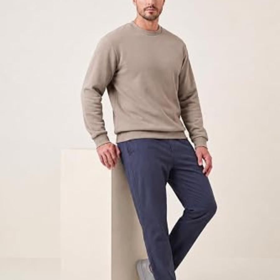 Men's Crew Neck Pullover Sweatshirt Solid Color Regular Fit Knitted 100% Cotton Casual Autumn Wear