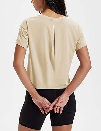 Women's Beige Cropped Short Sleeve Knitted O-Neck Loose Fit Casual T-Shirt Solid Color Gym Top