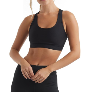 Women’s Black Racerback Sports Bra Scoop Neck Medium Support Breathable Seamless Yoga Top Solid Color Front Logo 300g