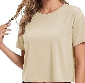 Women’s Beige Cropped Short Sleeve Knitted O-Neck Loose Fit Casual T-Shirt Solid Color Gym Top
