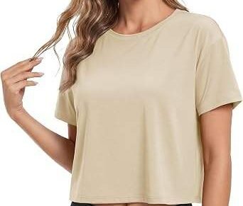 Women's Beige Cropped Short Sleeve Knitted O-Neck Loose Fit Casual T-Shirt Solid Color Gym Top